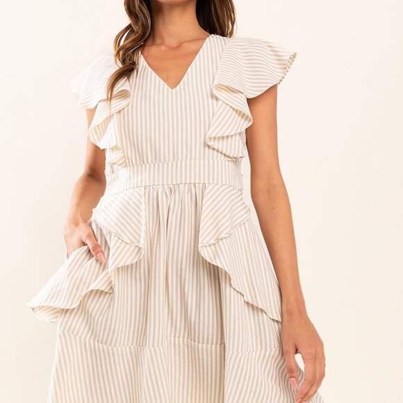 19 Striped V-Neck Ruffle Detailed Mini Dress - Picture 2 of 5